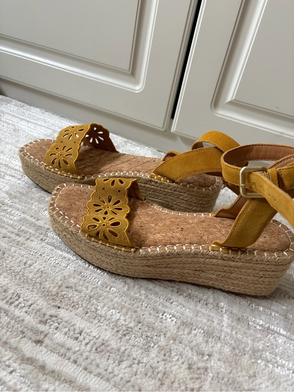 Crown Vintage Mustard Yellow Floral Laser-Cut Espadrille Platforms